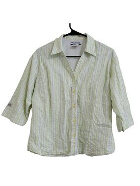 Columbia Vented Fishing Shirt Womens Size Small Green White Striped 3/4 Sleeve